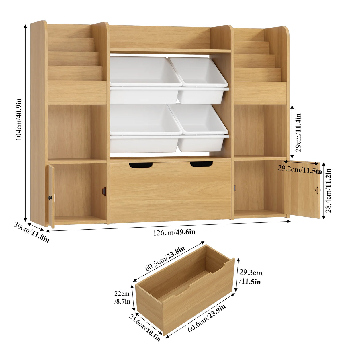 Hiphuta Kids Bookcase Toy Storage Organizer, Wooden Toy Organizer of 4 Bins& 2 Removable Drawers for Home Bedroom, Kids Bookshelf Toy Box with Book Rack, White