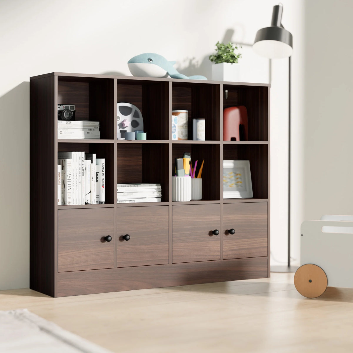 Cozy Castle 3-Tier Open Cube Bookcase with 12 Cubes and 4 Doors, Adjustable Shelves, White