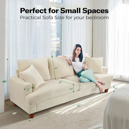 87" Corduroy Sofa,3 Seater Sofa with Extra Deep Seats,Neche Comfy Upholstered Couch for Living Room,2 Pillows,Green