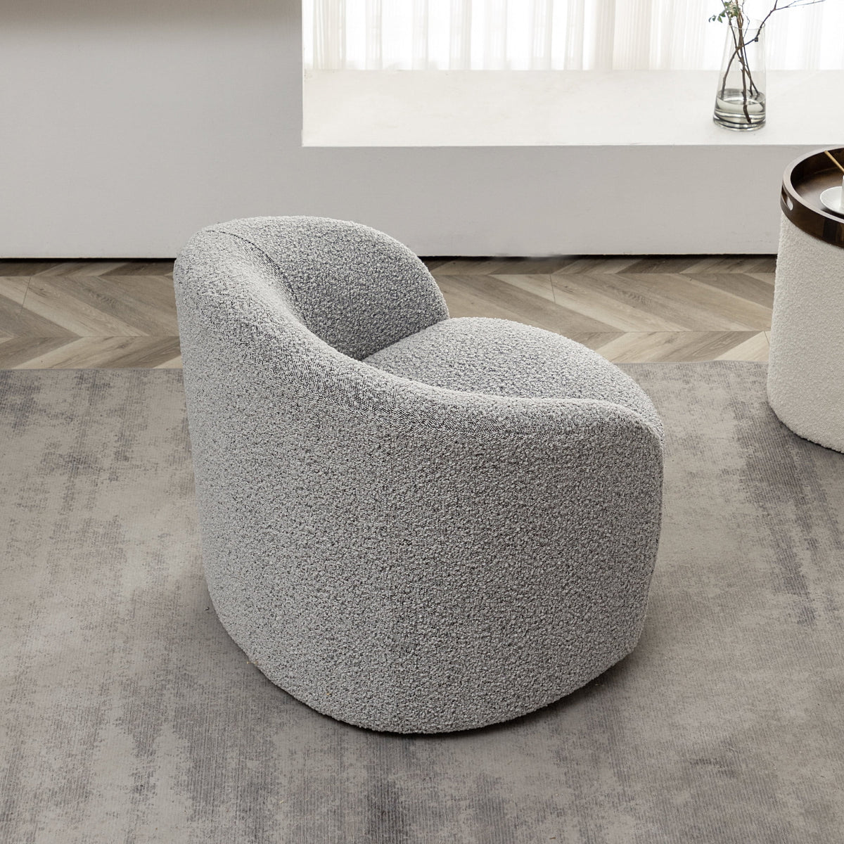 34" W Mid Century Modern Swivel Barrel Chair, Round Upholstered Boucle Swivel Accent Chairs, No Assembly Sofa Chair for Living Room Bedroom Reading Apartment Lounge Nursery(Cream)