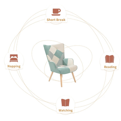 Modern Accent Chair with Solid Wood Legs and High Wing Backrest, Side Chair Set with Ottoman, Comfy Side Armchair for Living Room, Reading Room, Bedroom, Colorful Patchwork