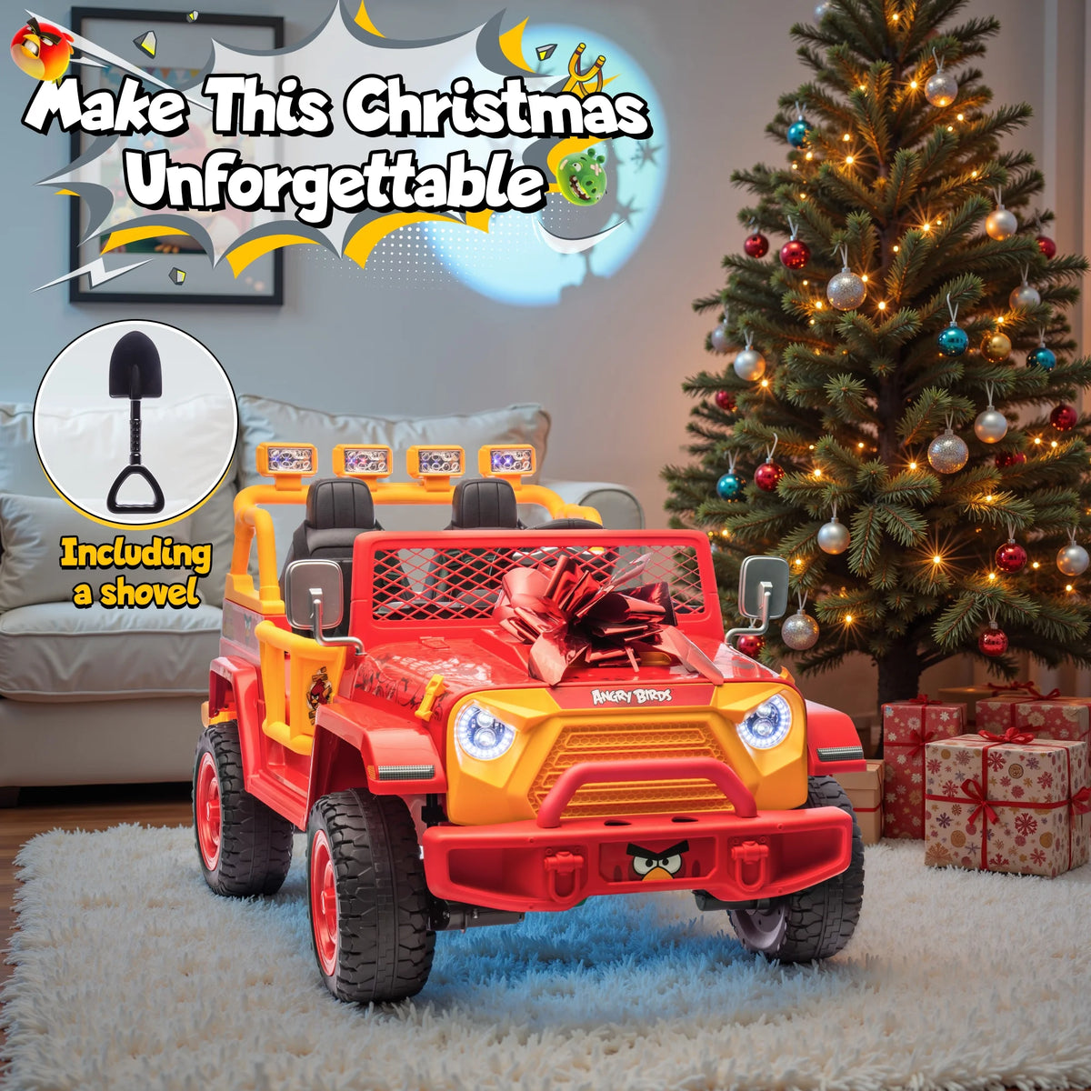 Joyracer 24 Volt Ride on Toys for Big Kids, Licensed Angry Birds Ride on Truck with Remote, 2 Seater 4WD Electric Ride ons with Shovel, Bluetooth, Lights, Power Car Wheels for 3-8, 130lbs, Green