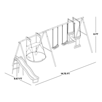 Sportspower Outdoor Rosemead Metal Swing Set with Roman Glider. Saucer. 6.5′ Slide with Lifetime Warranty. and Bonus Anchor Kit. Great for Kids Aged 3-8