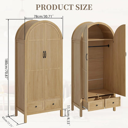 Oubayajia Arched Armoire Wardrobe Closet with Fluted Doors, Wooden Wardrobe Closet with Drawers, Shelves and Hanging Rod for Bedroom