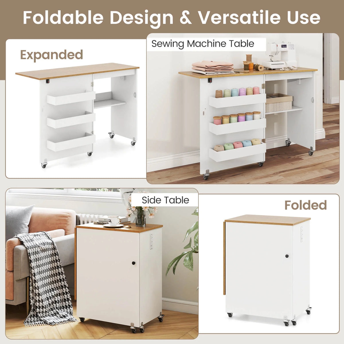 Costway Folding Sewing Table Rolling Craft Station with 3 Storage Bins & Charging Station White+natural