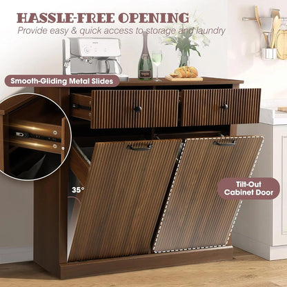 Haverchair Double Tilt Out Laundry Hamper Cabinet, Modern Fluted Trash Can Cabinets with Drawer, Wooden Hidden Garbage Cabinet for Kitchen and Bathroom