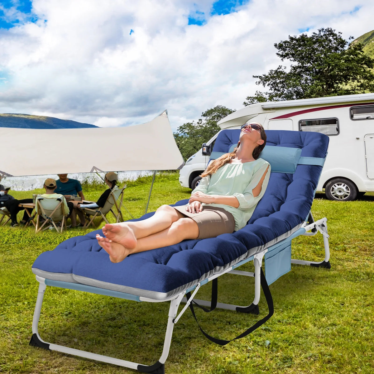 MOPHOTO Lounge Chair with Mattress, Outdoor Chaise Lounge Support 440 Lbs, Adjustable Portable Heavy Duty Sleeping Cots Bed for Camping, Pool, Beach, Patio