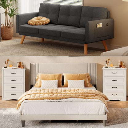 Bedroom Furniture Set - Includes Queen Bed Frame, 4-Drawer Dresser Set of 2 & 3 Seat Futon Sofa - Modern Storage Solution for Stylish Home Decor