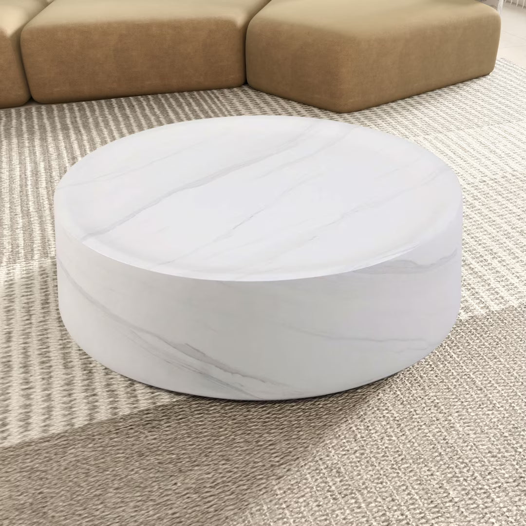31.49'' Round Coffee Table with Marble Texture, Modern Low Drum Circle Fiberglass Coffee Table, Side Table Accent Table for Living Room, Outdoor, No Need Assembly, Marble