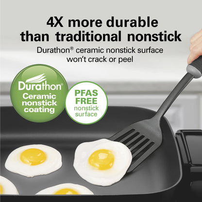 Hamilton Beach Electric Skillet with Lid, 12" x 15" Ceramic Cooking Surface, Reversible Pan, Grey