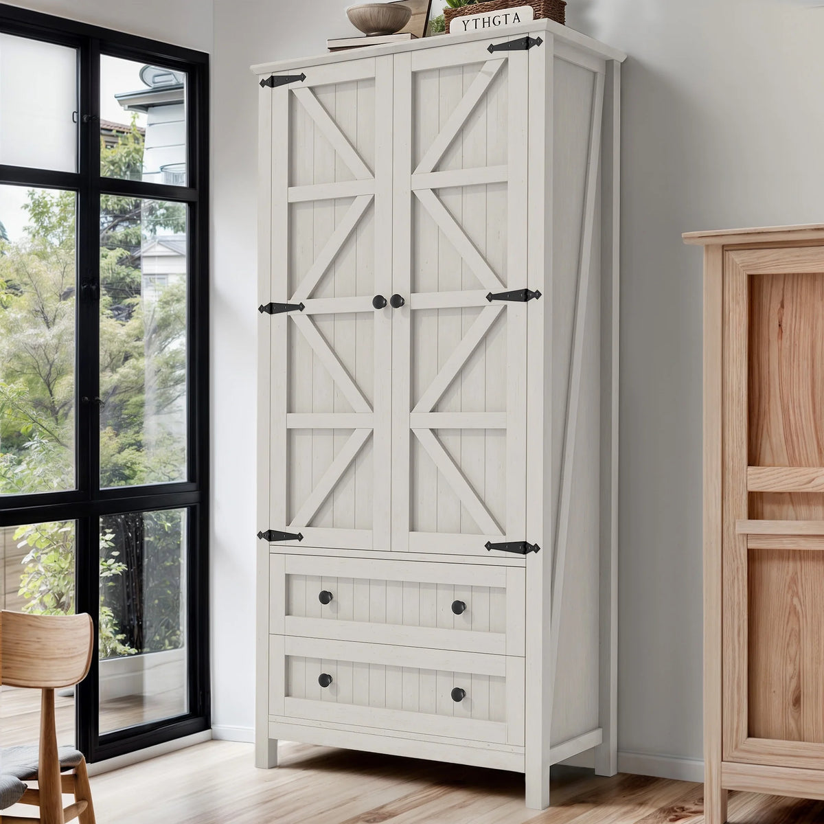 Dextrus 64.56" Tall Kitchen Pantry Cabinet with 2-Drawer and Adjustable Shelves, White Oak