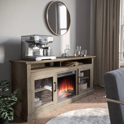 BELLEZE 60" TV Stand with 18" Electric Fireplace, Traditional TV Stand for TVs up to 65", Modern Media Entertainment Center Console Table with Open Storage Shelves & Cabinets - Cayman (Rustic Grey)