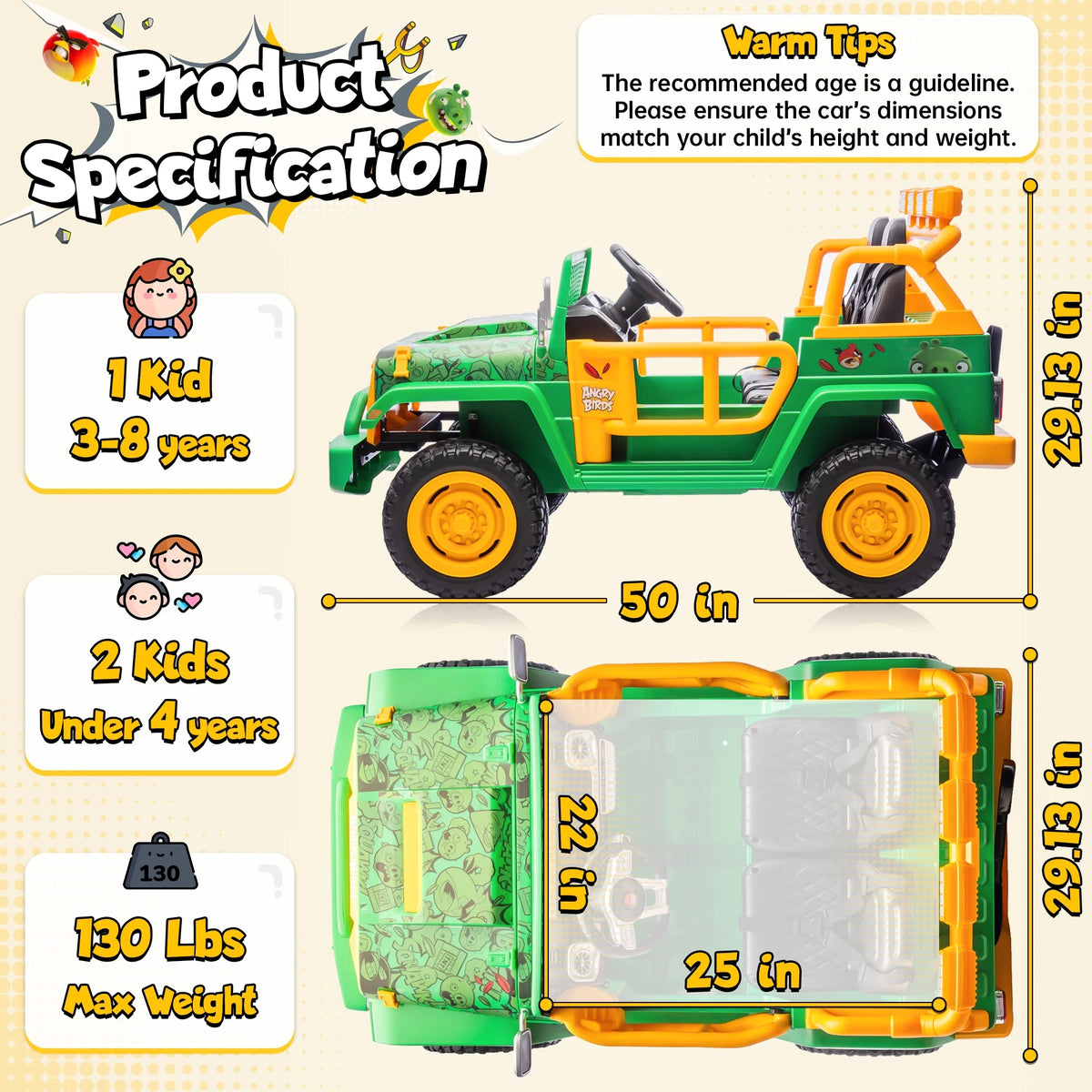 Joyracer 24 Volt Ride on Toys for Big Kids, Licensed Angry Birds Ride on Truck with Remote, 2 Seater 4WD Electric Ride ons with Shovel, Bluetooth, Lights, Power Car Wheels for 3-8, 130lbs, Green