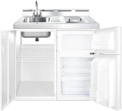 39 inch wide all-in-one kitchenette with 2-burner 115V smooth-top cooktop, refrigerator-freezer, sink, and storage cabinet