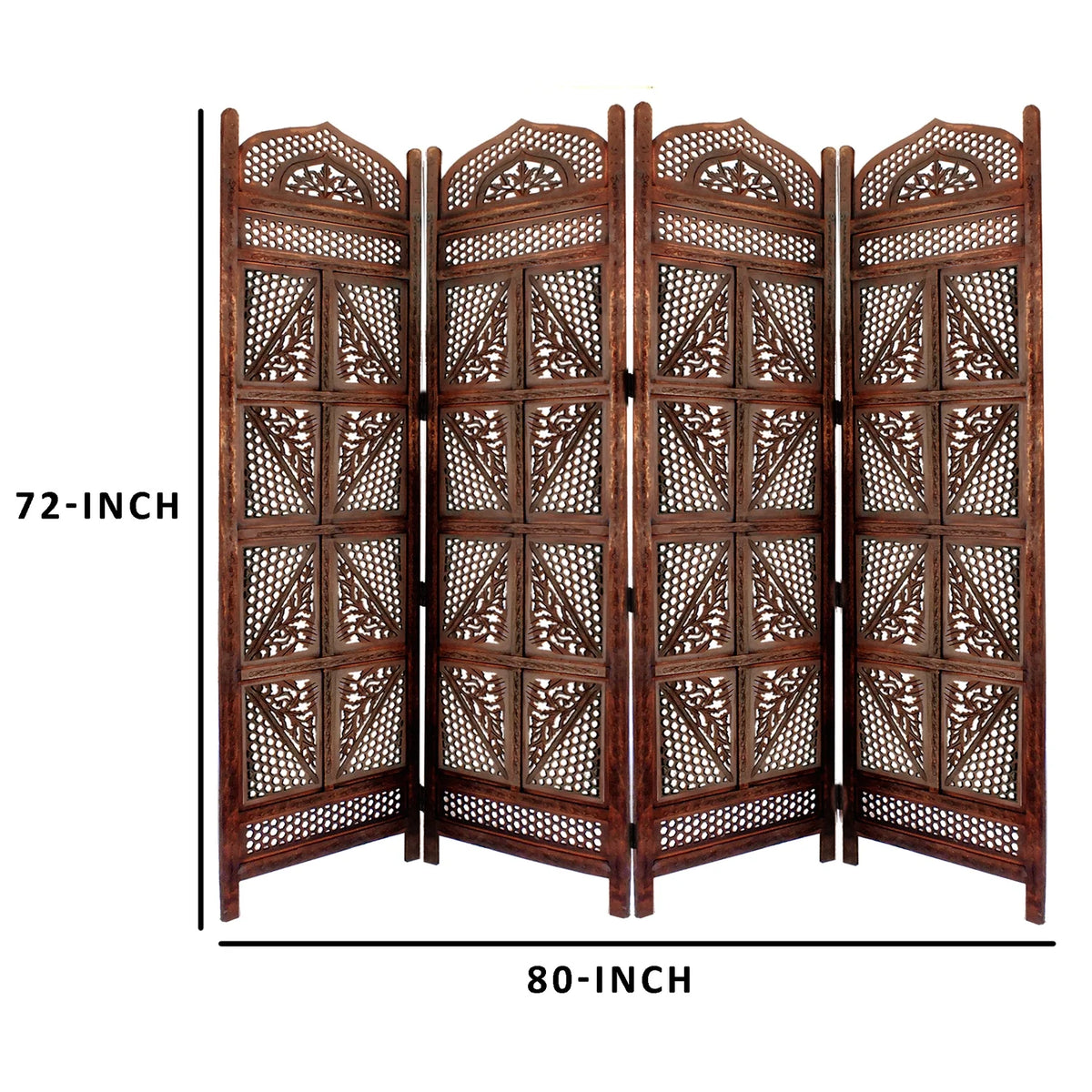 Four Panel Wooden Room Divider with Hand Carved Details in Antique Brown
