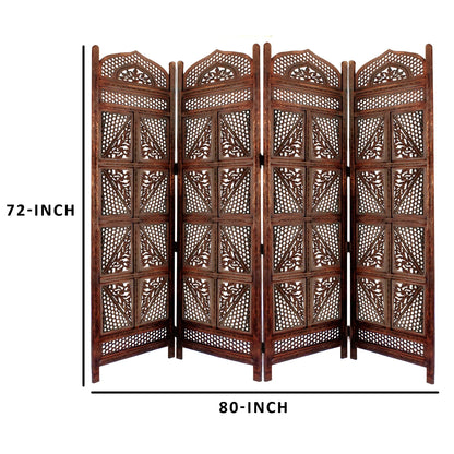 Four Panel Wooden Room Divider with Hand Carved Details in Antique Brown