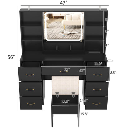 47" Large Vanity Desk with Lighted Mirror & Charging Station, Black Makeup Vanity with 7 Drawers & 6 Shelves, Vanity Set with Cushioned Stool