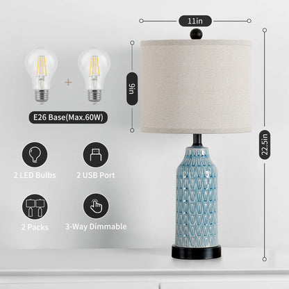 Cinkeda Table Lamp Set of 2 for Living Room Bedroom with USB Ports AC Outlet 3 Way Dimmable Touch Nightlight Farmhouse White Floral Nightstand Bedside Lamps