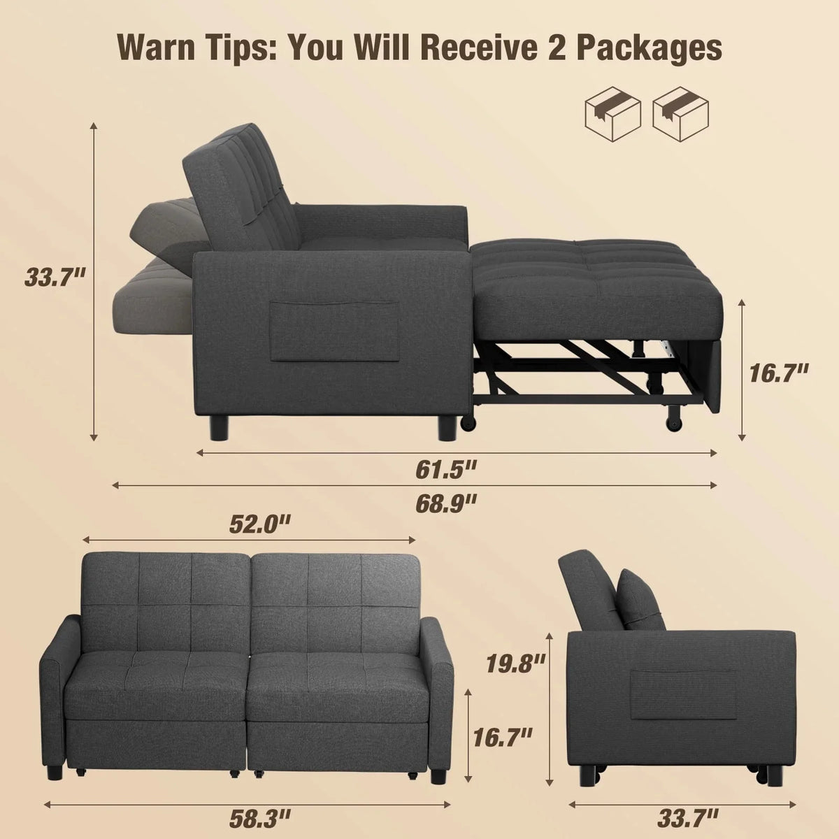Sofa Bed, Lofka 3-in-1 Convertible Sleeper Sofa with Storage, Adjustable Backrest & Pull Out Function - Sleeper Chair for Small Space, Apartment, Dark Grey