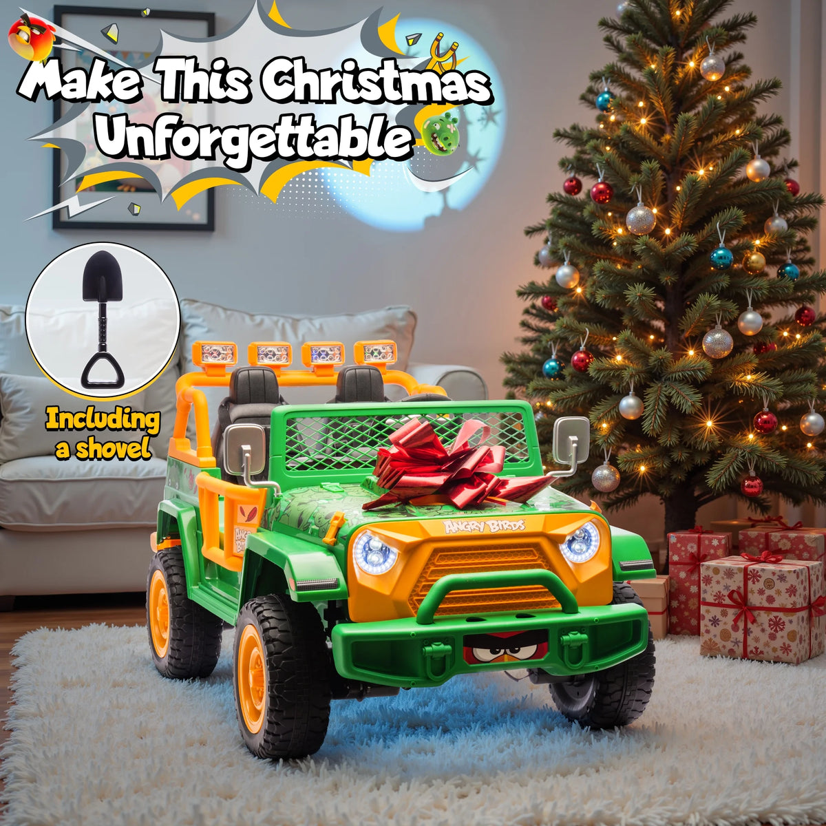 Joyracer 24 Volt Ride on Toys for Big Kids, Licensed Angry Birds Ride on Truck with Remote, 2 Seater 4WD Electric Ride ons with Shovel, Bluetooth, Lights, Power Car Wheels for 3-8, 130lbs, Green