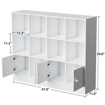 Cozy Castle 3-Tier Open Cube Bookcase with 12 Cubes and 4 Doors, Adjustable Shelves, White