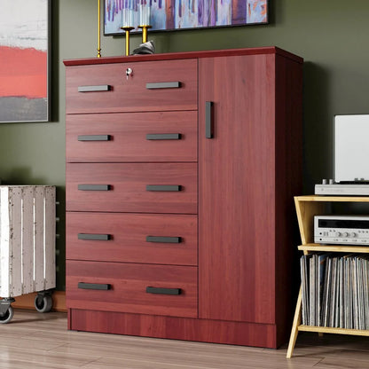 Better Home Products JCF Sofie 5 Drawer Wooden Tall Chest Wardrobe in Mahogany