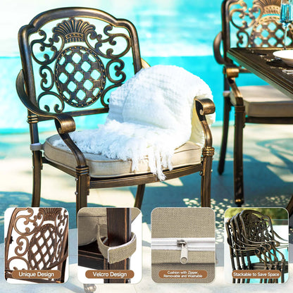 7-Piece Patio Furniture Dining Set, All-Weather Cast Aluminum Outdoor Table and Chairs for 6, Includes 4 Dining Chair & 2 Swivel Chairs & 60���� Rectangular Table, Beige