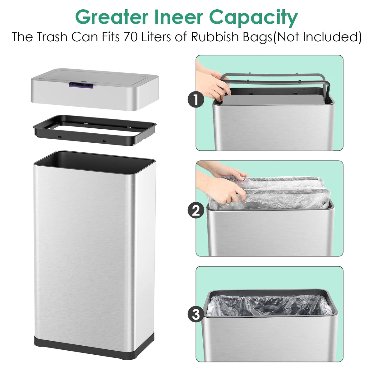 LAZY BUDDY 60 Liter / 16 Gallon Stainless Steel Motion Sensor Trash Can for Kitchen, Bathroom, Rectangular