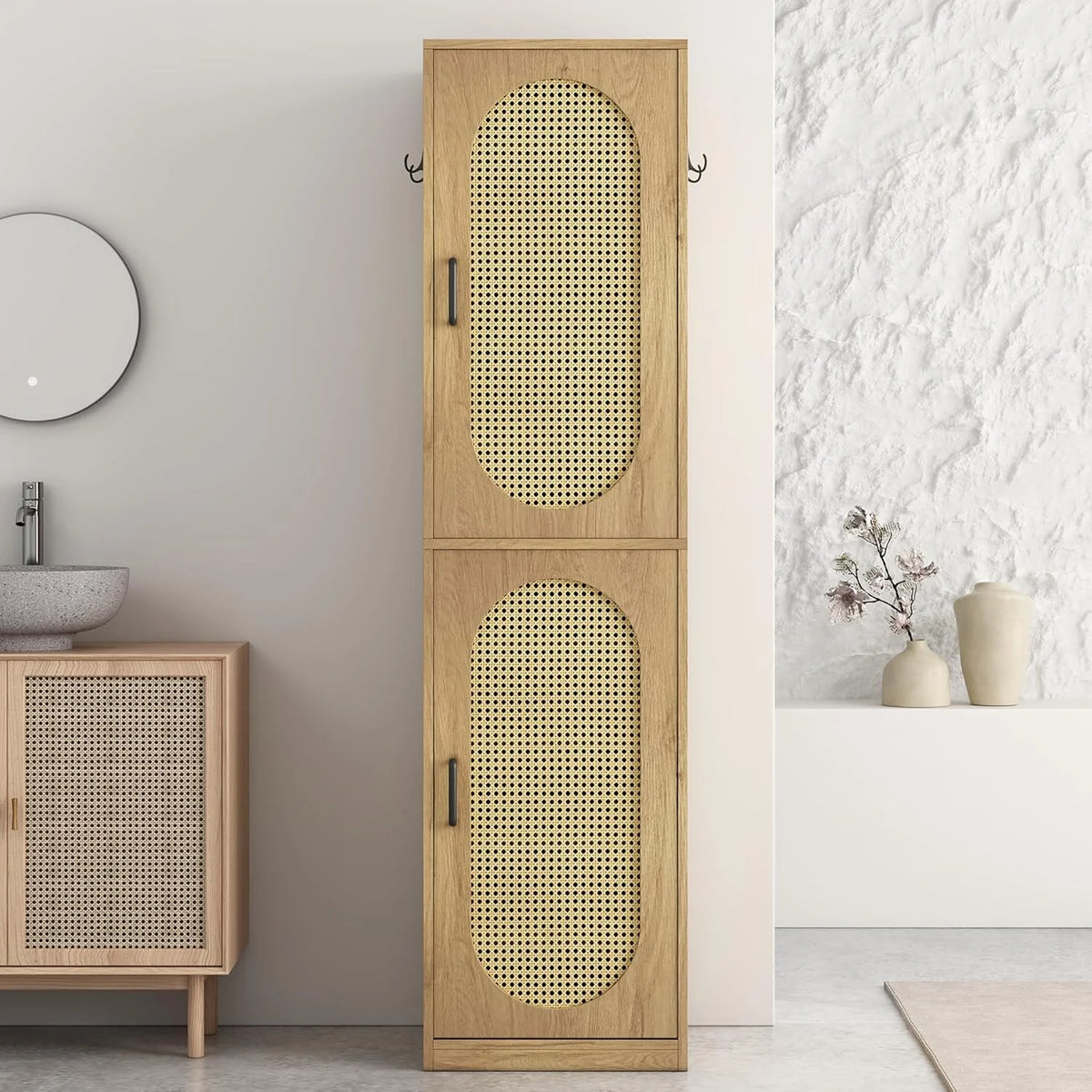 66-Inch Bathroom Storage Cabinet with Rattan Doors,  Bath Room Organizer Floor Cabinets Brown