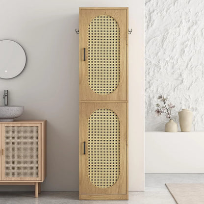 66-Inch Bathroom Storage Cabinet with Rattan Doors,  Bath Room Organizer Floor Cabinets Brown