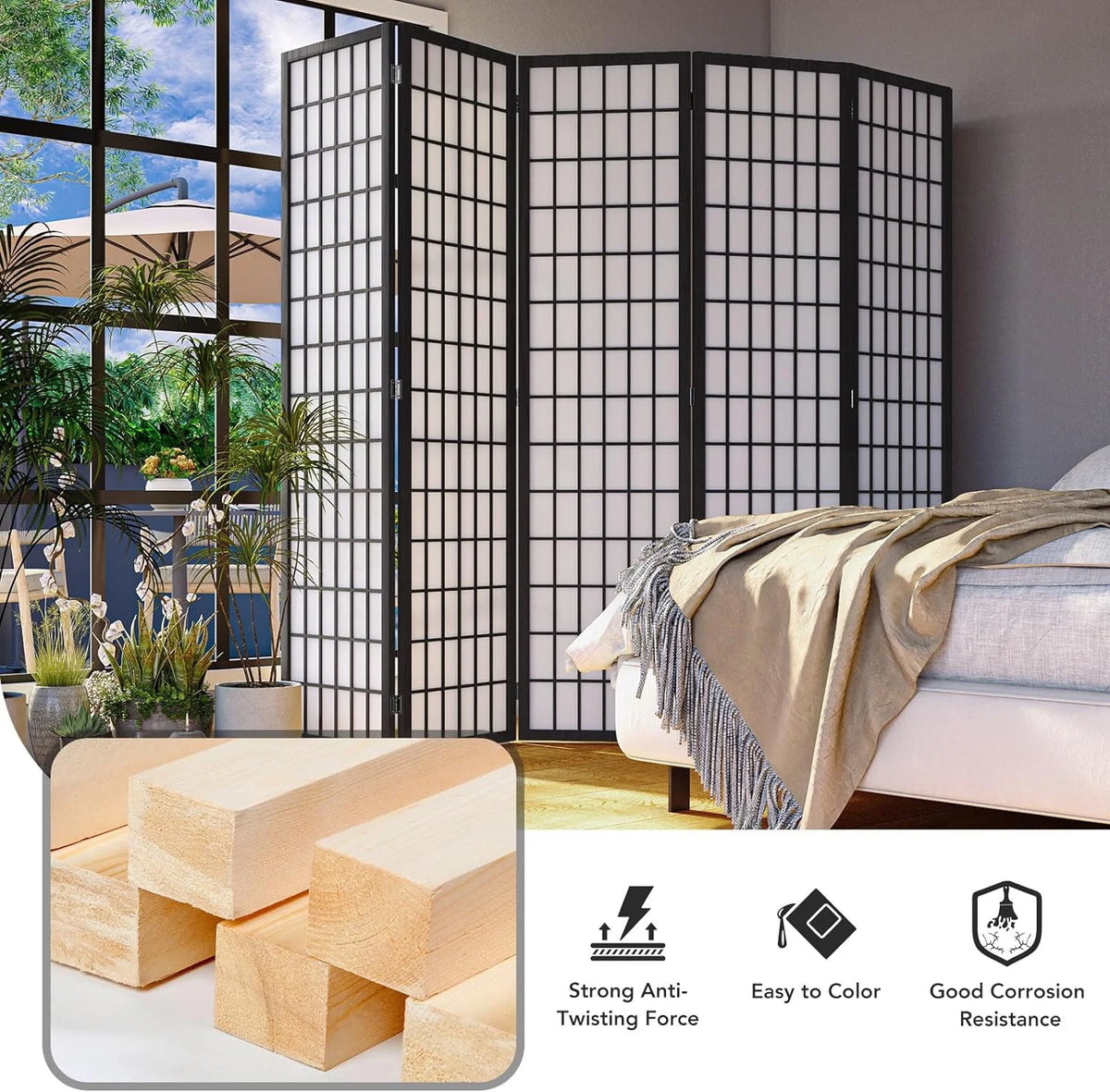 JOSTYLE Room Divider Wall Shoji Screen, 6 Panel Folding Privacy Screen for Room Separation, Japanese Wood Room Divider Screen, 5.9 Ft, Natural