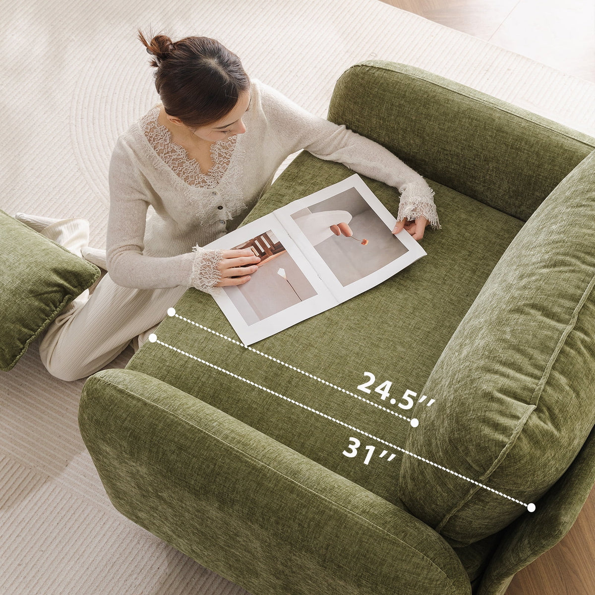Rexulqo Oversized Accent Chair with All Seats Storage,Comfy Living Room Chairs with 2 Throw Pillow,Upholstered Mid-Century Armchair,24.5'' Deep Seat,Reading Chair For Bedroom ,Office,Chenille,Green
