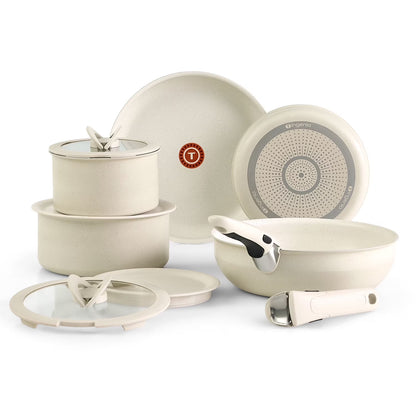 T-fal Ingenio Essentials Nonstick, 11 Piece Cookware Set, Detachable Handle, Oven, Broiler, Dishwasher Safe, RV, Grey Granite