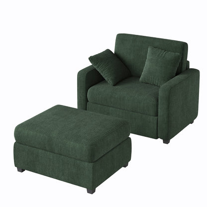 LUMIHO Chaise Lounge Chair Indoor, 42" Sleeper Chair with Two Throw Pillows and Armrests, Corduroy Chaise Couch Chair with Ottoman for Living Room, Bedroom, Apartment, Green