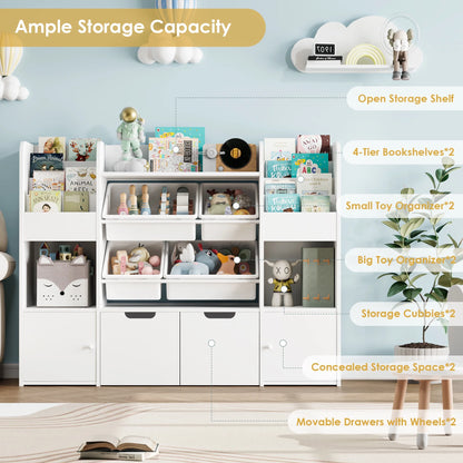 Hiphuta Kids Bookcase Toy Storage Organizer, Wooden Toy Organizer of 4 Bins& 2 Removable Drawers for Home Bedroom, Kids Bookshelf Toy Box with Book Rack, White