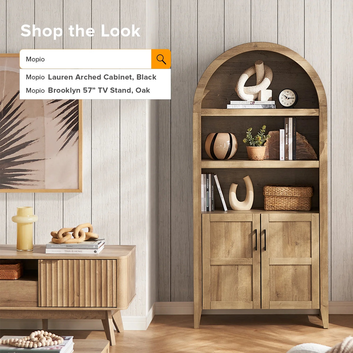mopio Lauren 65.4" Arched Cabinet, 5-Tier Arched Bookcase with Doors and Shelves, Arched Bookshelf with Storage, Kitchen Pantry Cabinet, Wooden Storage Cabinet for Living Room, Kitchen (Oak)