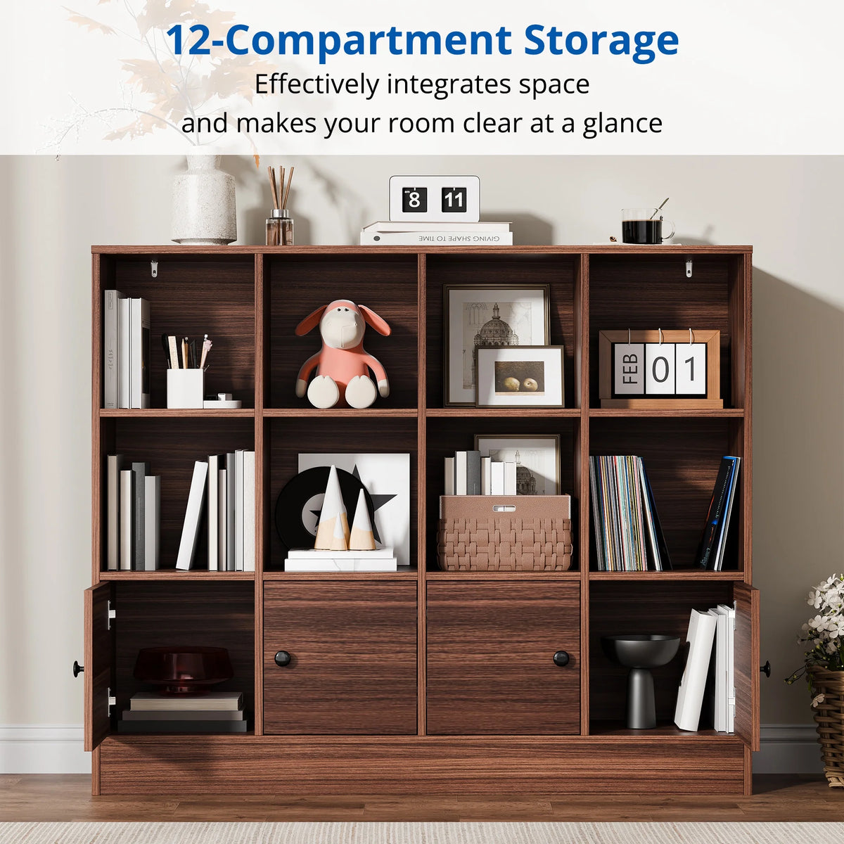 Cozy Castle 3-Tier Open Cube Bookcase with 12 Cubes and 4 Doors, Adjustable Shelves, White