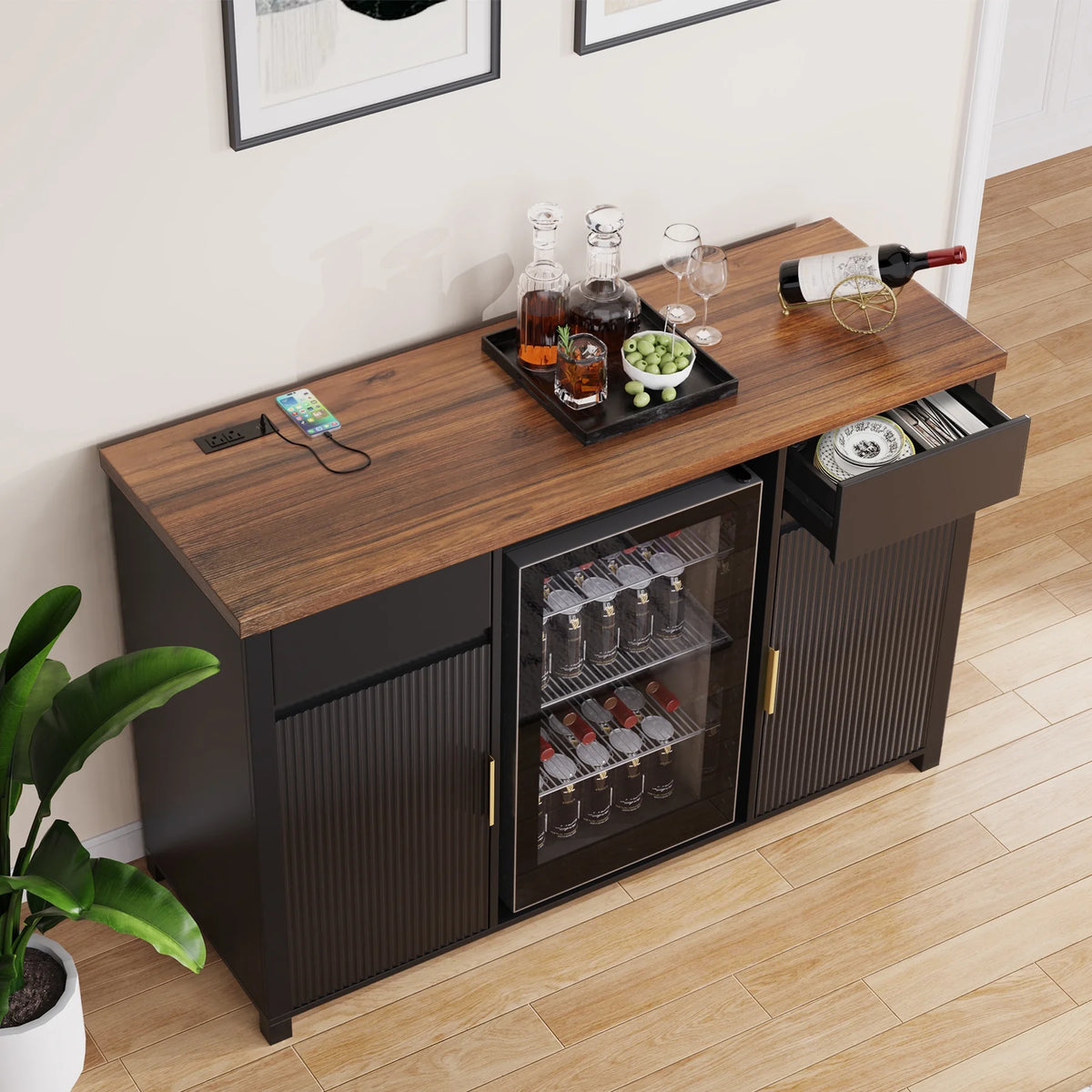 Coffee Bar Cabinet with Fridge Space, Mini Fridge Cabinet��Buffet Sideboard��53.2"L