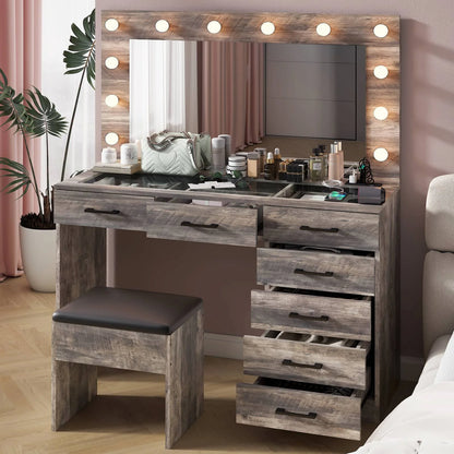 Ktaxon Large Makeup Vanity, Vanity Table Set w/ Visible Glass Top w/ Charging Station, White