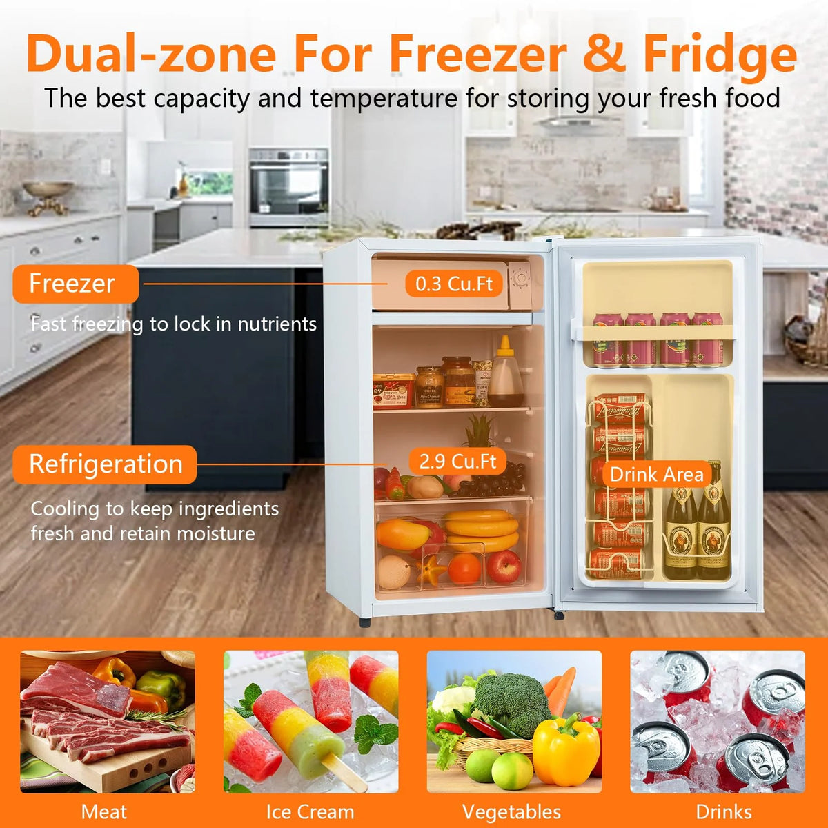 Mini Fridge with Freezer, 3.2 Cu.  Ft Small Refrigerator for Bedroom,7 Adjustable Thermostat,Low Noise,Easy to Storage&Clean Single Door,Refrigerator For Home, Office, Dorm, Garage or RV