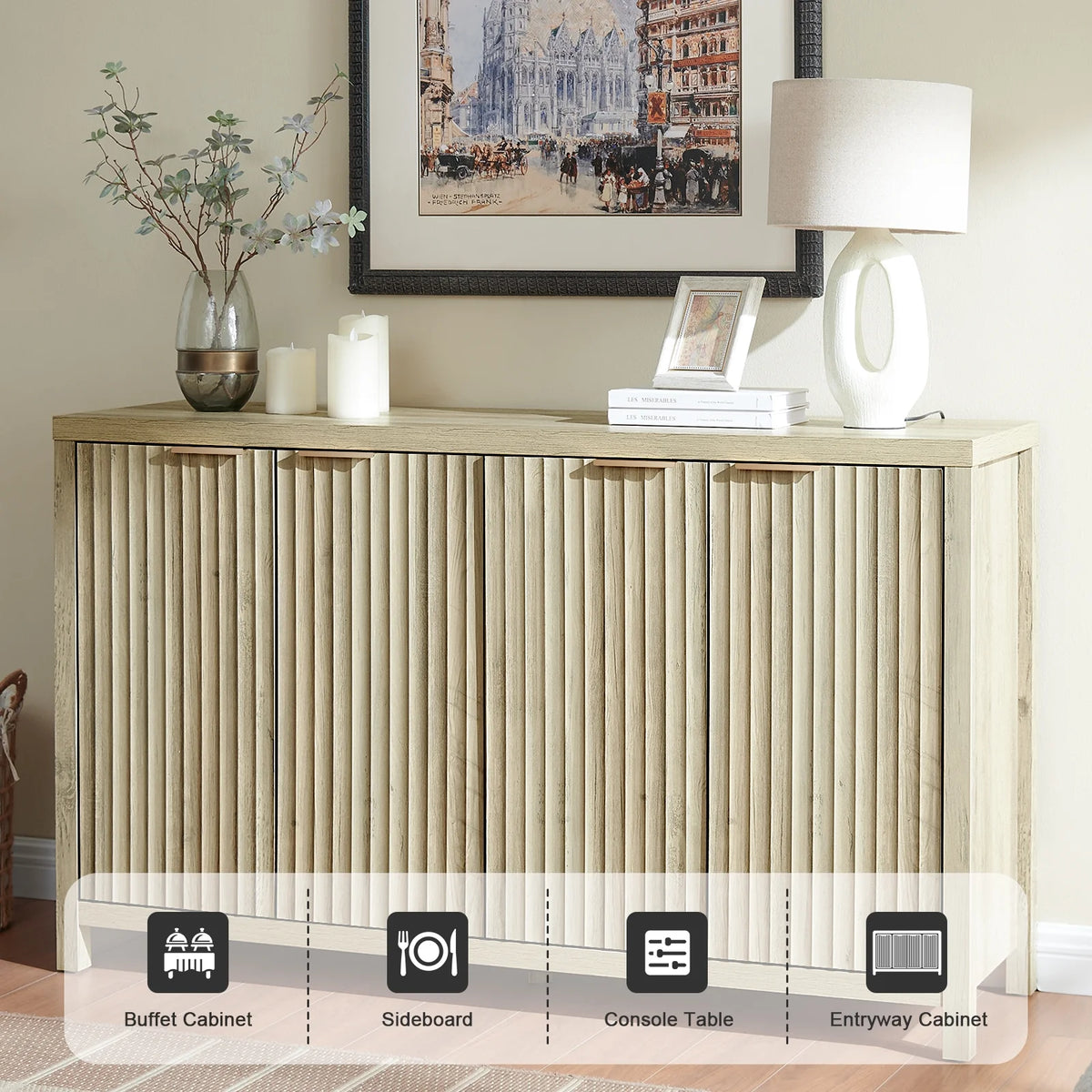 OAKHAM Fluted Sideboard Buffet Cabinet with 4 Doors, Storage Credenza with Adjustable Shelves, Modern Accent Cabinet Console, Sunwashed Ash Oak