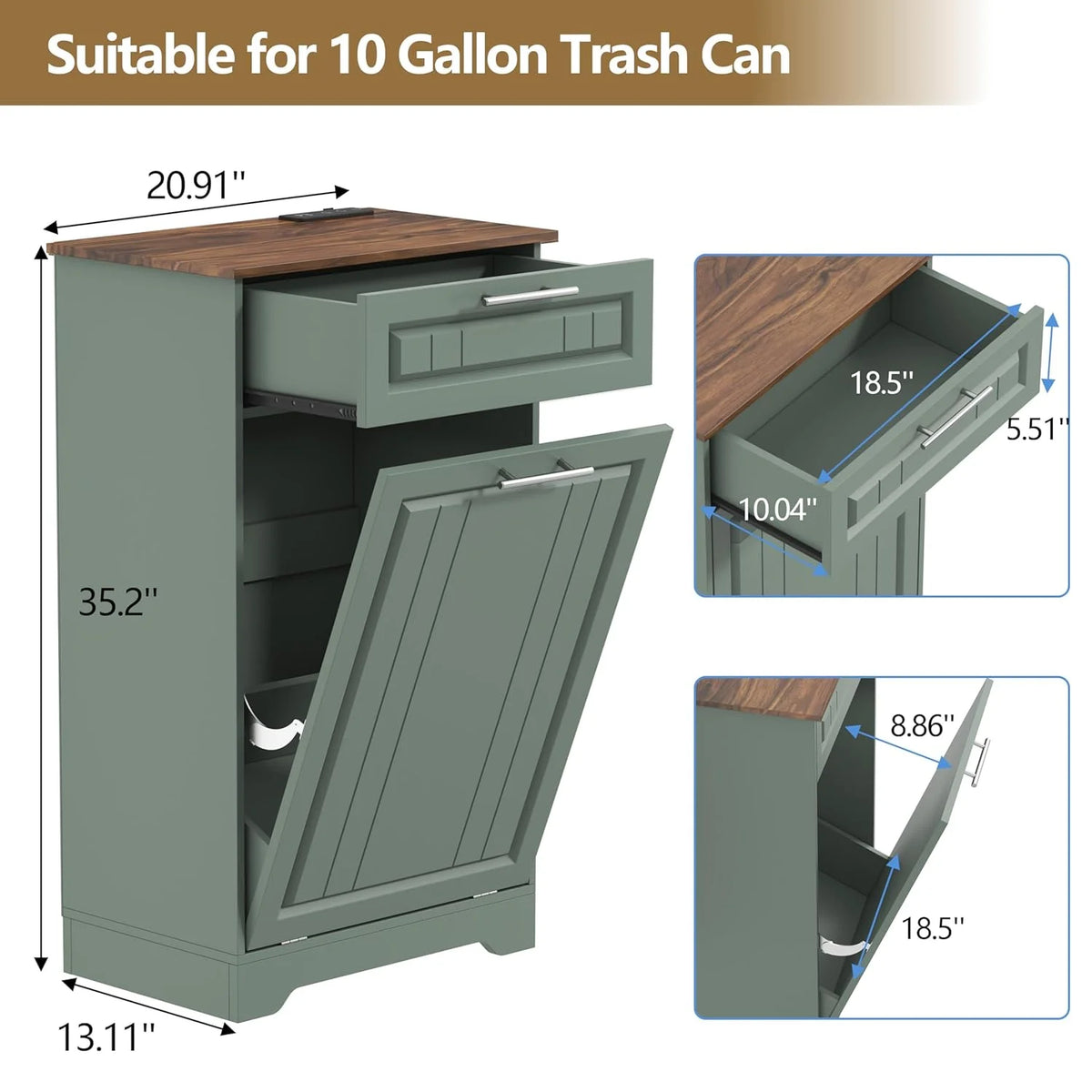 Single 10 Gallon Tilt Out Trash Can Cabinet with Deodorizing Function, Wooden Hidden Garbage Can Holder with Storage Drawers for Kitchen and Dining Room, Laundry Hamper Cabinet for Bathroom, Blue