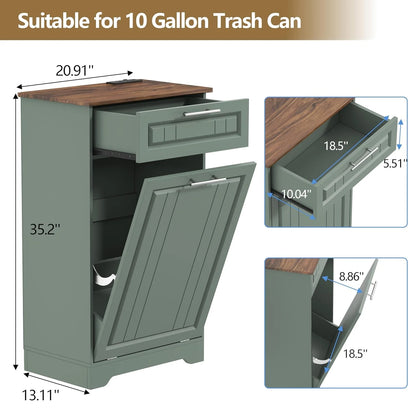 Single 10 Gallon Tilt Out Trash Can Cabinet with Deodorizing Function, Wooden Hidden Garbage Can Holder with Storage Drawers for Kitchen and Dining Room, Laundry Hamper Cabinet for Bathroom, Blue