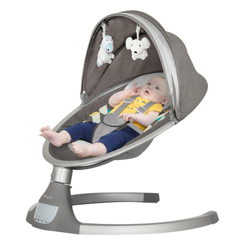 Dream On Me Zazu Baby Swing. Baby Swing for Infant. 5 - Swinging Speed. Two Attached Toys. Bluetooth Enabled and Remote Control. Grey and Blue