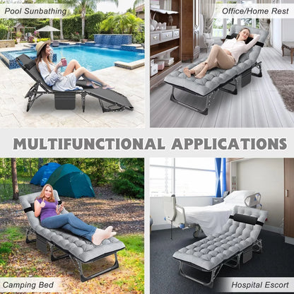 MOPHOTO Lounge Chair with Mattress, Outdoor Chaise Lounge Support 440 Lbs, Adjustable Portable Heavy Duty Sleeping Cots Bed for Camping, Pool, Beach, Patio
