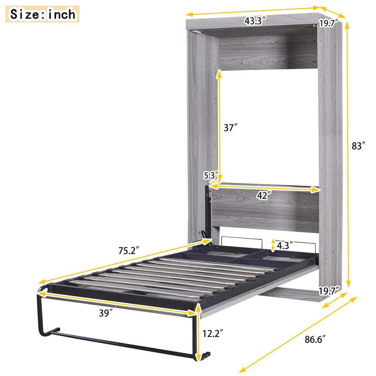 Euroco Pine Wood Twin Size Murphy Bed, Convertible Wall Bed into A Cabinet, Gray