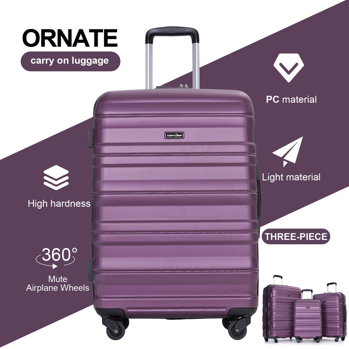 Tripcomp Hardside Luggage Set 3-Piece Set (21/25/29) Lightweight Suitcase 4-Wheeled Suitcase Set(Purple)