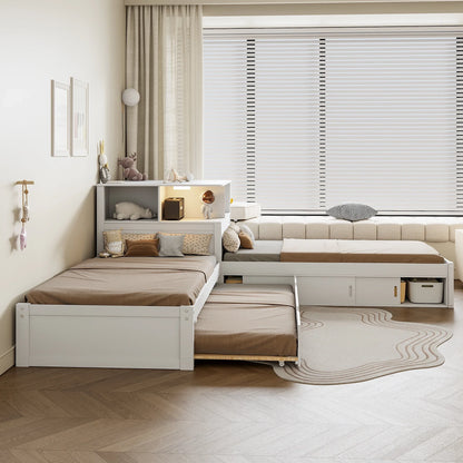 Euroco Pine Wood L-Shaped Twin Platform Bed with Storage Desk, Cabinets, Trundle and LED Light for Kids Teens, Gray