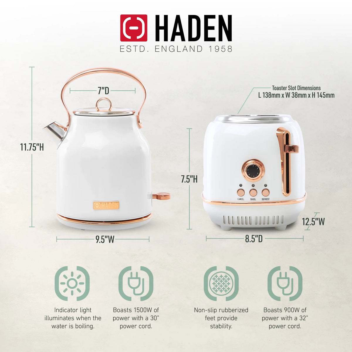 Haden Heritage 1.7 Liter Electric Kettle with 2 Slice Bread Toaster, White