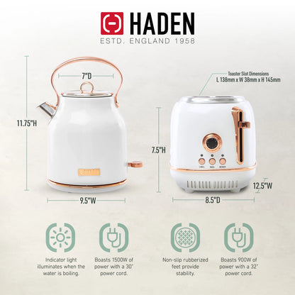 Haden Heritage 1.7 Liter Electric Kettle with 2 Slice Bread Toaster, White